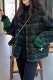 Loose Bat Sleeve Woolen Green Plaid Coat Jacket