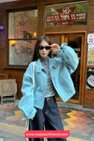 Long Sleeve Stand Collar Simple Blue Zipper Jacket