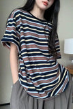 Person wearing a striped shirt and gray pants in an indoor setting