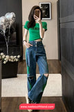 High Waist Green Ripped Hole Jeans Pants