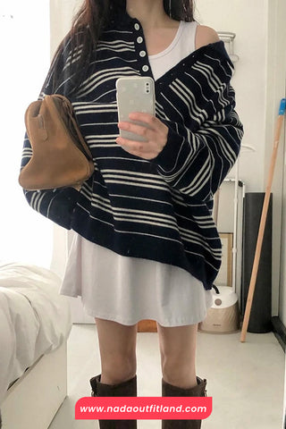 Long Sleeve Vintage Knitted Striped Button Sweater
