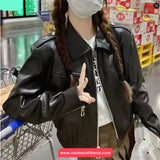 Long Sleeve Turn Down Collar Black Leather Cropped Jacket