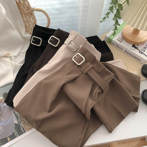 High Waist Belted Loose Office Long Pants