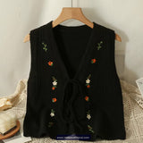 V-Neck Bow Tie Flower Embroidered Knitted Vest Sweater