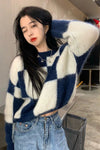 Blue Plaid O-Neck Knitted Sweater