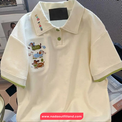 Turn Down Collar Cute Dogs Embroidered Casual Shirt