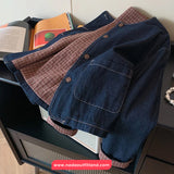 Long Sleeve Retro Plaid Patchwork Denim Coat Jacket