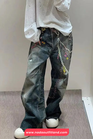 High Waist Hip Hop Printed Vintage Jeans Pants