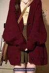 Long Sleeve V-Neck Knitted Maroon Cardigan Sweater