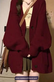 Long Sleeve V-Neck Knitted Maroon Cardigan Sweater