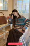 Long Sleeve Turn Down Collar Retro Pattern Sweater