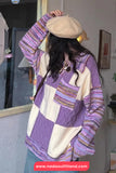 Long Sleeve Turn Down Collar Knitted Purple Plaid Sweater