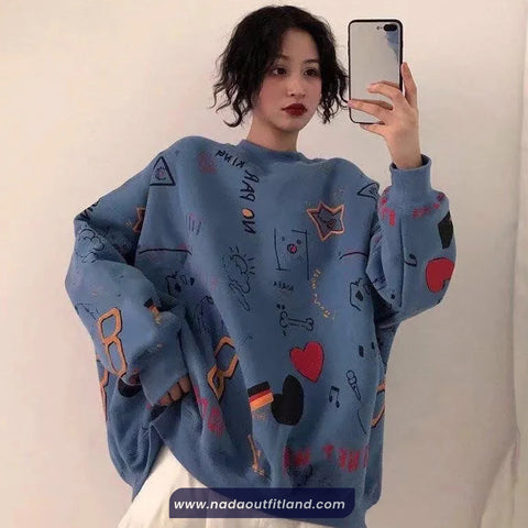 Long Sleeve Loves Art Pattern Printed O-Neck Sweater