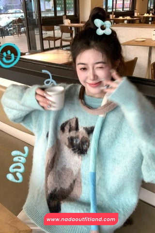 Long Sleeve O-Neck Cute Cat Blue Sweater