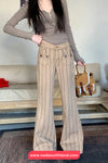High Waist Striped Style Brown Denim Pants