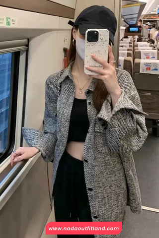 Long Sleeve Retro Grey Plaid Casual Button Jacket