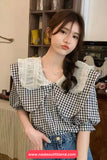 Short Sleeve Peter Pan Collar Plaid Blouse Shirt