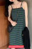 Green Plaid Slash Neck Sleeveless Summer Dress