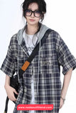 Short Sleeve Hooded Plaid Blouse Shirt