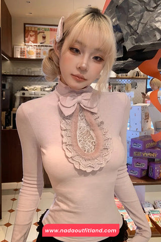 Long Sleeve Cute Bow Design Lace Shirt