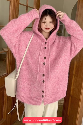 Loose Cute Hooded Knitted Cardigan Sweater