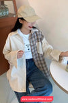 Long Sleeve Plaid Patchwork Corduroy Blouse Shirt