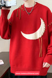 Long Sleeve O-Neck Crescent Moon Embroidered Men Sweater
