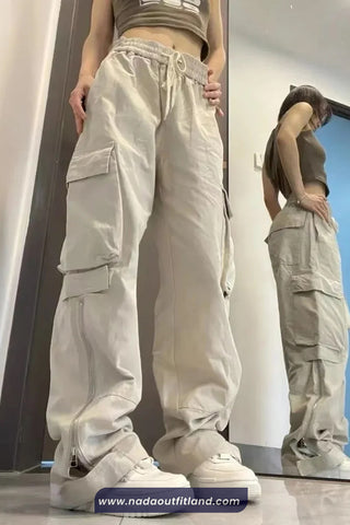 Side Zipper Elastic Waist Cargo Pockets Pants