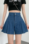 High Waist Elastic Pleated Denim Shorts