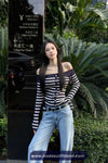 Long Sleeve Striped Slash Neck Cropped Cardigan Sweater