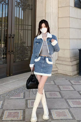 Two Piece Warm Crop Denim Jacket With Mini Denim Skirt Outfit Set