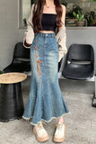 Upgrade your Y2K Whimsigoth Aesthetic with this High Waist Irregular Style Mermaid Denim Skirt. The ultimate essential for Korean streetwear outfits, asymmetric fishtail maxi skirt trends, and dramatic denim lookbooks. Featuring a flattering snatched high-rise waist and a cascading ruffled wave hem, this long jean skirt is a must-have for your Aesthetic Skirts