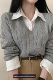 Two Piece Style Collar Shirt V-Neck Sweater