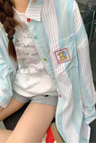 Long Sleeve Bear Pocket Embroidery Striped Blouse Shirts