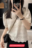 Short Sleeve O-Neck Hollow Out Crochet Shirts