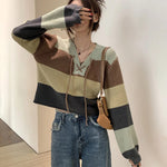 V-Neck Drawstring Striped Knitted Sweater