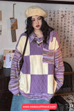 Long Sleeve Turn Down Collar Knitted Purple Plaid Sweater