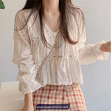 Long Sleeve V-Neck Lace Material Blouse Shirt