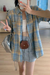 Short Sleeve Cute Yellow Blue Plaid Blouse Shirt