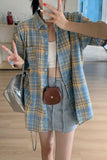Short Sleeve Cute Yellow Blue Plaid Blouse Shirt