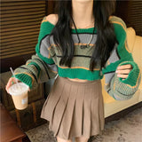 Long Sleeve Sexy Green Striped Cropped Sweater