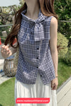 Sleeveless Vintage Plaid Elegant Bow Blouse Shirt