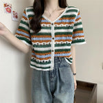 V-Neck Striped Embroidery Button Up Crochet Shirt