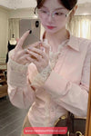 Long Sleeve Lace Patchwork Pink Blouse Shirt