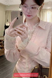 Long Sleeve Lace Patchwork Pink Blouse Shirt