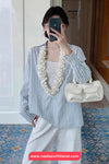 Long Sleeve 3D Floral Open Collar Striped Blouse Shirt