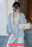 Long Sleeve 3D Floral Open Collar Striped Blouse Shirt
