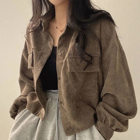 Retro Solid Cropped Corduroy Jackets