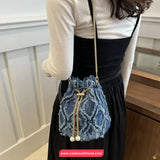 Cute Pearl Tassel Denim Women Bucket Bag