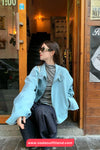 Long Sleeve Stand Collar Simple Blue Zipper Jacket